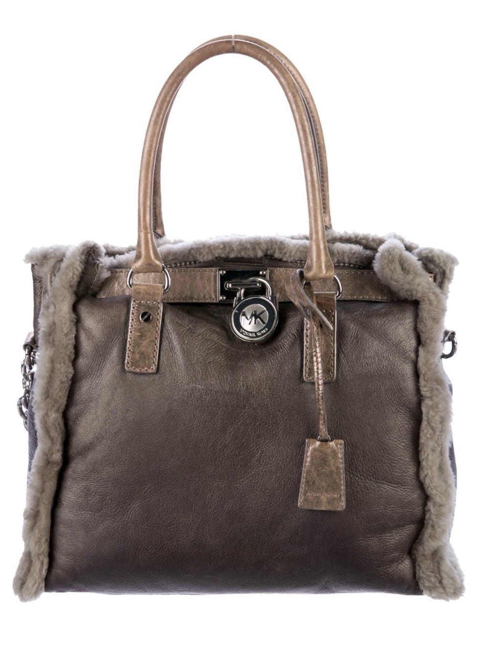 Michael Kors Hamilton Shearling Fur Trim Metallic Leather Satchel Tote